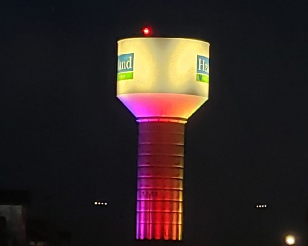 Heartland Water Tower now Shines Bright at Night